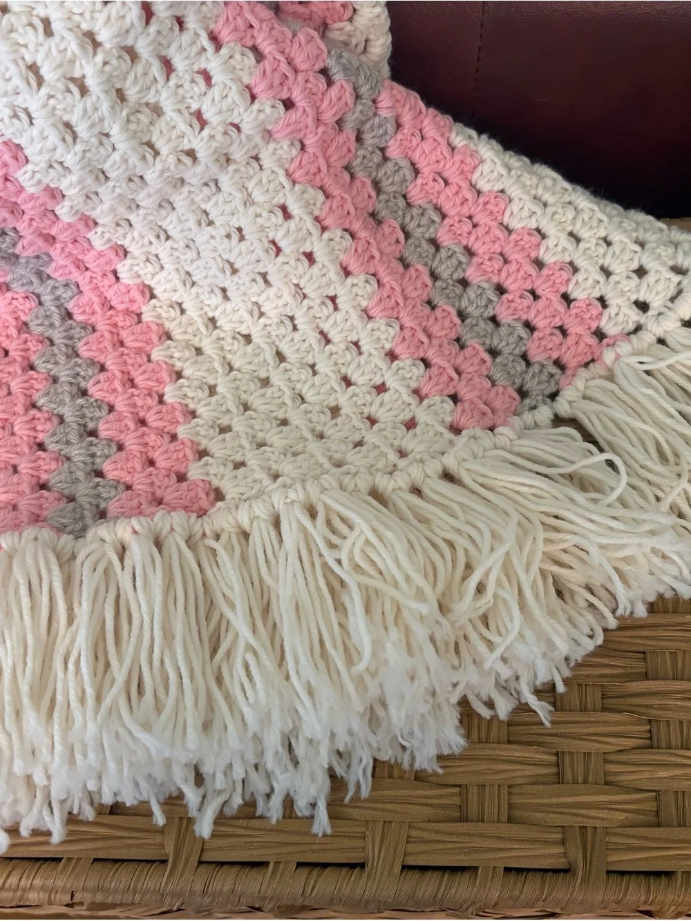 Handmade Cream and Pink Crochet Fringe Throw Blanket by